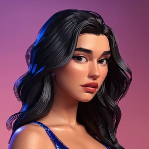 full format portrait of Dua Lipa, stylized features, Highres hair strands, 

photorealistic skin texture, sharp 3D character sculpt, 

backlighting, 

in the style of the cycle frontier, MRC, MeybisRuizCruz, Meybis Ruiz Cruz