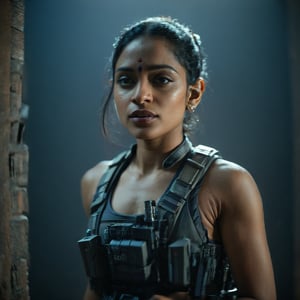 (((Full format imax still from a film))) of Sobhita Dhulipala (Zoe Kravitz), sci-fi PMC, solo, weapon, blurry, ((((muscular body)))}, realistic, full load bearing vest, ultra realistic detail, bokeh, dark room, intimate lighting, chest up, ((Close up Portrait)), In the style of Gareth Edwards, more detail XL,aesthetic portrait,Indian, cinematic moviemaker style