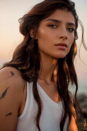 full format IMAX photo, Albanian grown woman, calmly side-eyeing the viewer, a woman with masculine features, sharp high cheekbones, bony face, messy hair, long hair, upper body, sharp lips, tank top, strong jawline, low eyelids, calm eyes, long eyelashes, neck muscles, full eyebrows, rugged girl, dark eyes, 

outdoors, 

photorealistic, 