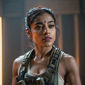 (((Full format imax still from a film))) of Sobhita Dhulipala Zoe Kravitz, sci-fi PMC, solo, weapon, blurry, ((muscular body)}, realistic, full load bearing vest, ultra realistic detail, bokeh, dark room, intimate lighting, chest up, ((Close up Portrait)), In the style of Gareth Edwards, more detail XL,aesthetic portrait,Indian