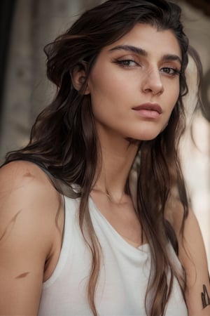 full format IMAX photo, Albanian grown woman, calmly side-eyeing the viewer, a woman with masculine features, sharp high cheekbones, bony face, messy hair, long hair, upper body, sharp lips, tank top, strong jawline, low eyelids, calm eyes, long eyelashes, neck muscles, full eyebrows, rugged girl, dark eyes, 

outdoors, 

photorealistic, 