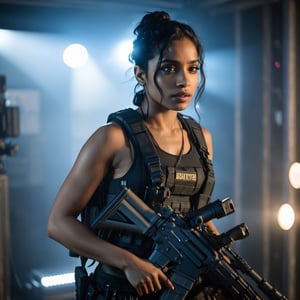 Full format imax portrait of Sobhita Dhulipala Zoe Kravitz, sci-fi PMC, solo, weapon, blurry, gun, backpack, rifle, female muscular body, realistic, assault rifle, load bearing vest, bokeh lights, dark room, dramatic lighting, close up, In the style of Gareth Edwards, more detail XL,aesthetic portrait
