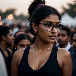 full format photo-realistic image of an Indian woman, black ponytail, She is wearing glasses, confident hype expression, wearing a navy blue ribbed shirt that is tight-fitting, a curvy figure, big nose,

standing in a crowd at a music festival, party lights, night, candid photo, ((wide angle shot)), 

dark skin, nice skin, natural skin texture, highly detailed 8k skin texture, 

detailed face, detailed nose, realism, realistic, raw, photorealistic, stunning realistic photograph, smooth, actress 