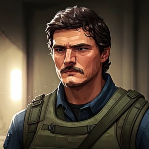 full format portrait of Pedro Pascal in Modern Warfare, realistic skin, Meybis Ruiz Cruz, photorealistic, front view, perfectly framed portrait, style features, backlighting, in the style of the cycle frontier, SAM YANG, More Detail, photorealistic, 3DMM, SimplyPaint,MRC,MeybisRuizCruz,photo r3al,more detail XL,skin texture style,realistic skin style,skin texture style 