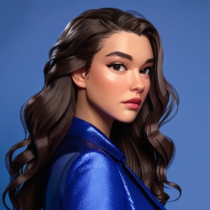 full format portrait of Hailee Steinfeld, sharp stylized facial features, Highres hair strands, 

photorealistic skin texture, sharp 3D character sculpt, 

backlighting, 

in the style of the cycle frontier, MRC, MeybisRuizCruz, Meybis Ruiz Cruz