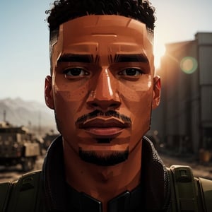 full format Modern Warfare still of elliot knight, realistic skin, Meybis Ruiz Cruz, photorealistic, perfectly framed view, stylized features, backlighting, in the style of the cycle frontier, More Detail, photorealistic, 