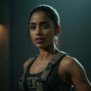 (((Full format imax still from a film))) of Sobhita Dhulipala (Zoe Kravitz), sci-fi PMC, solo, weapon, blurry, ((((muscular body)))}, realistic, full load bearing vest, ultra realistic detail, bokeh, dark room, intimate lighting, chest up, ((Close up Portrait)), In the style of Gareth Edwards, more detail XL,aesthetic portrait,Indian, cinematic moviemaker style,banita_sandhu,Movie Still
