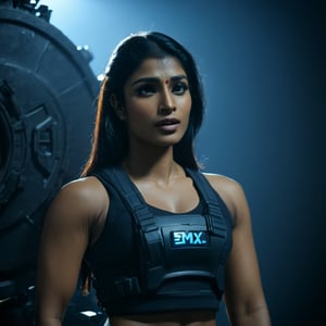 (((Full format imax still from a film))) of Sobhita Dhulipala (((Diane Guerrero))), sci-fi PMC, solo, weapon, blurry, (((((muscular body))))}, realistic, full load bearing vest, ultra realistic detail, bokeh, dark room, intimate cozy lighting, chest up, ((Close up Portrait)), In the style of Gareth Edwards, more detail XL,aesthetic portrait,Indian, cinematic moviemaker style,banita_sandhu,Movie Still,xxmixgirl