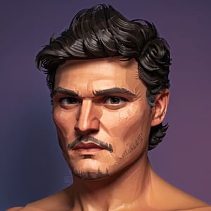 full format portrait of Pedro Pascal, 

sharp stylized facial features, Highres hair strands, photorealistic skin texture, sharp 3D character sculpt, 

backlighting, 

in the style of the cycle frontier, MRC, MeybisRuizCruz, Meybis Ruiz Cruz