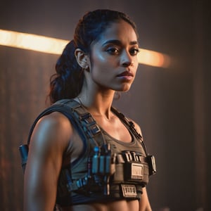 (((Full format imax still from a film))) of Sobhita Dhulipala Zoe Kravitz, sci-fi PMC, solo, weapon, blurry, ((muscular body)}, realistic, full load bearing vest, ultra realistic detail, bokeh, dark room, intimate lighting, chest up, ((Close up Portrait)), In the style of Gareth Edwards, more detail XL,aesthetic portrait,Indian