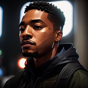 full format Modern Warfare still of Algee Smith, realistic skin, Meybis Ruiz Cruz, photorealistic, perfectly framed view, stylized features, backlighting, in the style of the cycle frontier, More Detail, photorealistic, 
