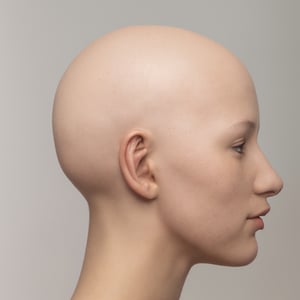 , symmetrical studio portrait of (hairless) Female, overcast lighting, symmetrical diffused lighting, nice skin, natural skin texture, dry skin, ((head facing forward symmetrically)), head and neck fully framed, highly detailed 8k skin texture, plane grey background, in the style of Daniel Boschung's FACE CARTOGRAPHY, 

detailed face, detailed nose, realism, realistic, raw, photorealistic, stunning realistic photograph, smooth,