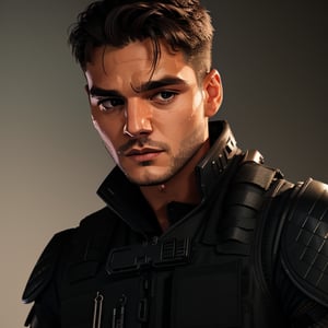 a studio photo of ÁLVARO MORATA as a Modern Warfare 2022 character, 1guy, 

wearing tactical gear, ((black tactical vest)), (sci-fi shoulder and forearm armor ONLY on his left arm),

 standing in a dynamic yet relaxed pose, empty hands, no guns,

blank grey background, lighting accentuates the textures and materials of the gear, showing off the interplay of matte and metallic surfaces, simple soft lighting, 

the camera Infront of subject,

in the style of, Miki Asai Macro photography, close-up, hyper detailed, trending on artstation, sharp focus, studio photo, intricate details, highly detailed, by greg rutkowski,MRC,Meybis Ruiz Cruz,Masterpiece