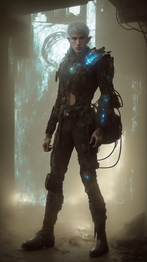 Masterpiece, Best Quality, highres, full body, highly detailed, Amidst a torrent of data streams, a cybernetically-enhanced elf exudes rebellious energy. His elven features peek through the chrome and wires, a defiance against the machine's dominance. Anarchy symbols and elven markings blend seamlessly on his leather armor, a fusion of rebellion and tradition. He clutches a scavenged blade, its glow contrasting the cold data that surrounds him. Tattoos, a mix of elven script and circuit diagrams, tell a story of both magic and defiance. He stands tall, a symbol of hope in the face of oppressive technology, a wild spirit untamed by the digital storm.