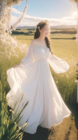1girl, solo,  Dressed in a flowing gown decorated with wildflowers, a girl smiles dreamily amongst a field of blooms. Her braided hair is adorned with a woven crown of reeds, and a sense of timeless beauty surrounds her. (Focus on fairytale ambiance, romanticism, and the connection to nature's bounty), looking at viewer, 8k, high res, ultra detailed,photorealistic