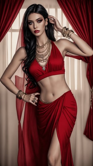 1girl, solo, looking at viewer, black hair, jewelry, midriff, necklace, bracelet, makeup, ring, curtains, veil, realistic, red theme
