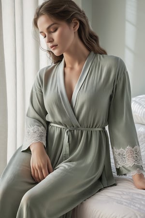 A big breast serene woman, her eyes peacefully closed, rests comfortably in her soft and luxurious sleepwear. The fabric gently drapes her upper body, embracing her in a delicate embrace of comfort and relaxation. The subtle hues of the sleepwear create a soothing and tranquil ambiance, perfectly complementing the calm expression on her face. Soft, diffused lighting gently illuminates her features, casting a warm and intimate glow. This digitally painted image captures the ethereal and dreamlike quality of a peaceful moment of rest. The camera perspective is positioned slightly above, offering a gentle and intimate view of her upper body, allowing viewers to appreciate the subtle details and textures of the sleepwear. The level of detail is meticulously rendered, from the delicate lace trim to the soft folds of the fabric, creating a sense of tactile realism. The overall composition invites viewers to embrace the tranquility and comfort of a restful night's sleep.