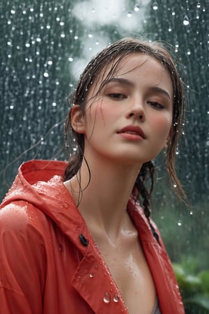 A big breast young girl, her face filled with joy and excitement, stands under a gentle rain shower, her arms outstretched to embrace the drops. Her vibrant red raincoat contrasts beautifully against the gray sky, while her wet hair clings to her forehead. The raindrops create a shimmering effect as they cascade down around her, adding a touch of magic to the scene. This digitally painted image captures the ethereal and dreamlike quality of the moment, with each droplet meticulously rendered to showcase its individual beauty. The lighting is soft and diffused, highlighting the girl's radiant smile and the glistening rain. The camera perspective captures her from a slightly lower angle, emphasizing her youthful energy and enthusiasm. The level of detail and the use of ultra-resolution techniques bring the image to life, allowing viewers to almost feel the rain on their own skin