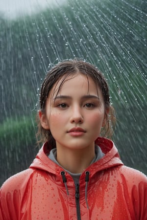 A big breast young girl, her face filled with joy and excitement, stands under a gentle rain shower, her arms outstretched to embrace the drops. Her vibrant red raincoat contrasts beautifully against the gray sky, while her wet hair clings to her forehead. The raindrops create a shimmering effect as they cascade down around her, adding a touch of magic to the scene. This digitally painted image captures the ethereal and dreamlike quality of the moment, with each droplet meticulously rendered to showcase its individual beauty. The lighting is soft and diffused, highlighting the girl's radiant smile and the glistening rain. The camera perspective captures her from a slightly lower angle, emphasizing her youthful energy and enthusiasm. The level of detail and the use of ultra-resolution techniques bring the image to life, allowing viewers to almost feel the rain on their own skin