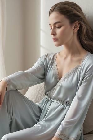 A big breast serene woman, her eyes peacefully closed, rests comfortably in her soft and luxurious sleepwear. The fabric gently drapes her upper body, embracing her in a delicate embrace of comfort and relaxation. The subtle hues of the sleepwear create a soothing and tranquil ambiance, perfectly complementing the calm expression on her face. Soft, diffused lighting gently illuminates her features, casting a warm and intimate glow. This digitally painted image captures the ethereal and dreamlike quality of a peaceful moment of rest. The camera perspective is positioned slightly above, offering a gentle and intimate view of her upper body, allowing viewers to appreciate the subtle details and textures of the sleepwear. The level of detail is meticulously rendered, from the delicate lace trim to the soft folds of the fabric, creating a sense of tactile realism. The overall composition invites viewers to embrace the tranquility and comfort of a restful night's sleep.