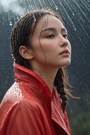 A big breast young girl, her face filled with joy and excitement, stands under a gentle rain shower, her arms outstretched to embrace the drops. Her vibrant red raincoat contrasts beautifully against the gray sky, while her wet hair clings to her forehead. The raindrops create a shimmering effect as they cascade down around her, adding a touch of magic to the scene. This digitally painted image captures the ethereal and dreamlike quality of the moment, with each droplet meticulously rendered to showcase its individual beauty. The lighting is soft and diffused, highlighting the girl's radiant smile and the glistening rain. The camera perspective captures her from a slightly lower angle, emphasizing her youthful energy and enthusiasm. The level of detail and the use of ultra-resolution techniques bring the image to life, allowing viewers to almost feel the rain on their own skin