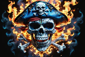 Create an image of a skull wearing a pirate hat surrounded by flames. Include two crossed anchors in front of the skull and place a compass design below it. Add a banner at the bottom with the text "COSANOSTRA". Use vibrant colors such as orange for the flames, blue highlights, and black for depth to give an intense look to the artwork.
,Skull