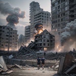 A devastated city, looking like Warsaw after the massacre in World War 2, with smoke rising everywhere from the ruins, survivors struggle to dig out of the rubble, hundreds of civilians running toward viewer with some fighting over food. 