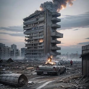 A devastated city, looking like Warsaw after the massacre in World War 2, with smoke rising everywhere from the ruins, survivors struggle to dig out of the rubble, thousands of civilians running toward viewer with some fighting over food. 