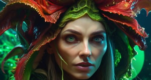 realistic old hag, wrinkled extremely and sexy, inbred with realistic horror creature from Space. terraforming. Alien Flora,  large gazing eyes, close-up, hyper detailed, rich colours, red green, rich dark shadows, yellow, bioluminescent, colourfull, glow, fluid slime glowingslobber, oozing, dripping, moist, fleshy, trending on artstation, sharp focus, studio photo, intricate details, highly detailed, glossy, slimy, mucous, by greg rutkowski detailed face, hyper realistic
 detailed skin,isni,traditional,detailmaster2