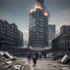 A devastated city, looking like Warsaw after the massacre in World War 2, with smoke rising everywhere from the ruins, survivors struggle to dig out of the rubble, hundreds of civilians running in all directions with some fighting over food. many people running toward viewer.