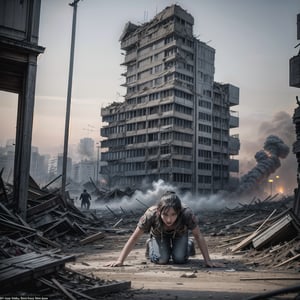 A devastated city, looking like Warsaw after the massacre in World War 2, with smoke rising everywhere from the ruins, survivors struggle to dig out of the rubble, hundreds of civilians running toward viewer with some fighting over food. 