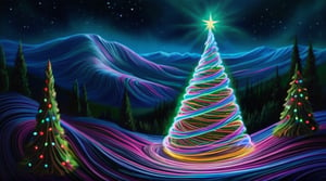 Realistic 1:2,  high resolution 1:2, clear and sharp focus, masterpiece 1:2) a mesmerizing display of bioluminescent brilliance, a bendy christmas tree emerges from the forest, glowing with vibrant hues that dance and swirl like illuminated ribbons. As it moves, its luminous presence paints the world with cascades of enchanting colors, casting a spell of awe and wonder upon the rolling hills and mountains and luminous weeds surrounding it, following the contours.
(masterpiece 1:2, realistic 1:2)