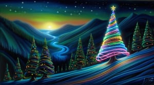 Realistic,  high resolution, a mesmerizing display of bioluminescent brilliance, a bendy christmas tree emerges from the forest, glowing with vibrant hues that dance and swirl like illuminated ribbons. As it moves, its luminous presence paints the world with cascades of enchanting colors, casting a spell of awe and wonder upon the rolling hills and mountains surrounding it., 
(masterpiece 1:2, realistic 1:2)