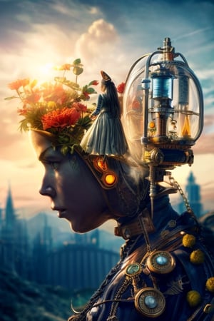 Balance of steampunk machines, nature and mankind, Realisim, photographic, masterpeice, cinematic, waist to head close-up, Add more detail,ff14bg,Add more detail,cart00d