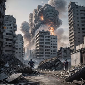 A devastated city, looking like Warsaw after the massacre in World War 2, with smoke rising everywhere from the ruins, survivors struggle to dig out of the rubble, hundreds of civilians running toward viewer with some fighting over food. 