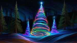 Realistic,  high resolution, a mesmerizing display of bioluminescent brilliance, a bendy christmas tree emerges from the forest, glowing with vibrant hues that dance and swirl like illuminated ribbons. As it moves, its luminous presence paints the world with cascades of enchanting colors, casting a spell of awe and wonder upon the rolling hills and mountains surrounding it., 
(masterpiece 1:2, realistic 1:2)