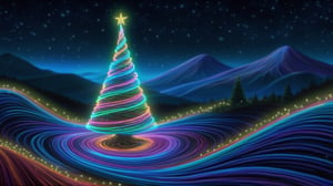 Realistic,  high resolution, a mesmerizing display of bioluminescent brilliance, a bendy christmas tree emerges glowing with vibrant hues that dance and swirl like illuminated ribbons. As it moves, its luminous presence paints the world with cascades of enchanting colors, casting a spell of awe and wonder upon the rolling hills and mountains surrounding it., 
(masterpiece 1:2, realistic 1:2