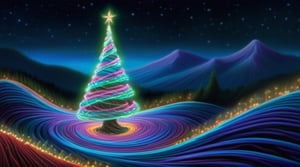 Realistic,  high resolution, a mesmerizing display of bioluminescent brilliance, a bendy christmas tree emerges glowing with vibrant hues that dance and swirl like illuminated ribbons. As it moves, its luminous presence paints the world with cascades of enchanting colors, casting a spell of awe and wonder upon the rolling hills and mountains surrounding it., 
(masterpiece 1:2, realistic 1:2