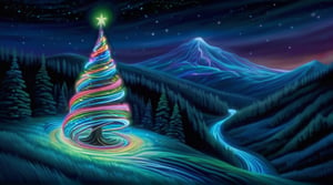 Realistic,  high resolution, a mesmerizing display of bioluminescent brilliance, a bendy christmas tree emerges from the forest, glowing with vibrant hues that dance and swirl like illuminated ribbons. As it moves, its luminous presence paints the world with cascades of enchanting colors, casting a spell of awe and wonder upon the rolling hills and mountains surrounding it., 
(masterpiece 1:2, realistic 1:2)