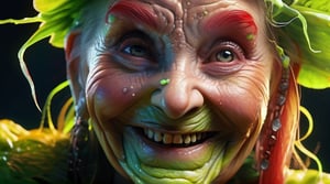 realistic old or child hag, wrinkled extremely and sexy, smiling playfully, inbred with realistic horror creature from Space. terraforming. Alien Flora,  large gazing eyes, close-up, hyper detailed, rich colours, red green, rich dark shadows, yellow, bioluminescent, colourfull, glow, fluid slime glowingslobber, oozing, dripping, moist, fleshy, trending on artstation, sharp focus, studio photo, intricate details, highly detailed, glossy, slimy, mucous, by greg rutkowski detailed face, hyper realistic
 detailed skin,isni,traditional,detailmaster2