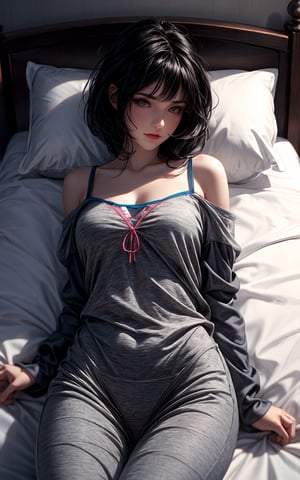 hermosa mujer despertando en su cama, pijama de gatos, busto 20, cabello negro, ojos azules. Al lado tierno gato dormido curl americano gris. 