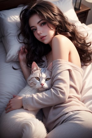 hermosa mujer despertando en su cama, pijama de gatos, busto 20, cabello negro, ojos azules. Al lado tierno gato dormido curl americano. 