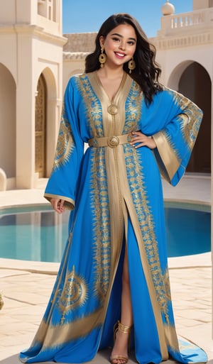 Masterpiece,8K, young girl wearing a epic caftan,Beautiful female version gold zodiac Leo,epic style,full body focus,portrait,high quality art,high resolution,high definition,face close up, blue eyes,puffy lips,smiling,surprised,blushing,lipstick,beautiful eyes,smooth skin,pretty woman, full body, black hair, golden earrings,Qftan