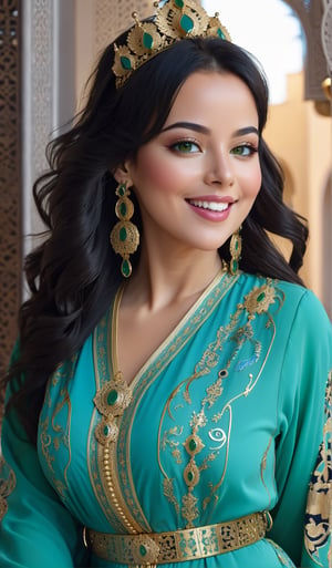 Masterpiece,4K,woman wearing a Moroccan caftan,Beautiful female version gold zodiac Leo,Moroccan style,full body focus,portrait,high quality art,high resolution,high definition,face close up,green eyes,puffy lips,smiling,surprised,blushing,lipstick,beautiful eyes blue,smooth skin,pretty woman, full body, black hair, golden earrings,Qftan