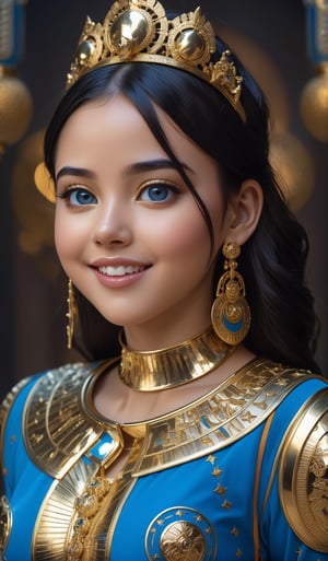 Masterpiece,8K, young girl wearing a epic gold armadura,Beautiful female version gold zodiac Leo,epic style,full body focus,portrait,high quality art,high resolution,high definition,face close up, blue eyes,puffy lips,smiling,surprised,blushing,lipstick,beautiful eyes,smooth skin,pretty woman, full body, black hair, golden earrings,Qftan