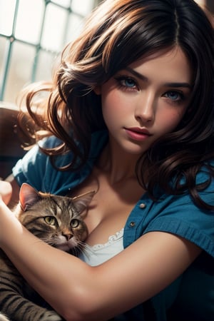 hermosa mujer,cabello rojo,ojos azules. Despertando al lado de su tierno gato curl americano.