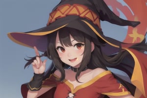 megumin, 1girl, solo, portrait, smile, confident, uneven legwear witch hat, choker, gloves, belt, red dress, cape, fingerless gloves, perfect quality, good quality, masterpiece, cute face, :), black hair