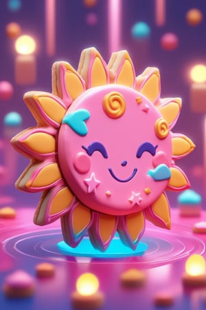 pink cookie in the shape of a sun, isometric. The piece is in the style of realistic use of light and color, anime aesthetic, Paul Bonner, cute and colorful, light orange and blue. It is also in the style of soft-focused realism, poolcore, anime aesthetic, violet and amber, nostalgic.