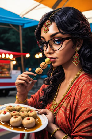 4k ,photo of a stunningly, amazing, looking at viewer, detailed eyes, wearing glasses, eating, dango, day, high_resolution, masterpiece, food stall, light details,apsara,Masterpiece