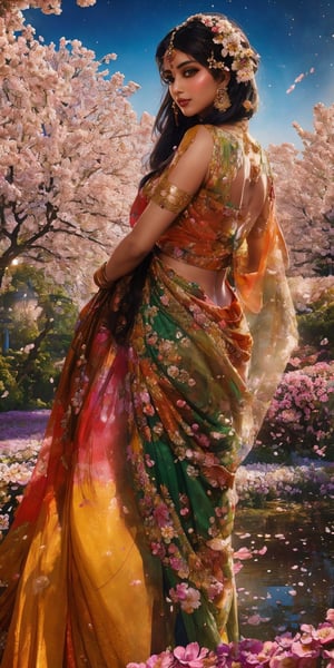  a beautiful Indian girl in a flower garden:

"(Front side),Generate a picturesque and enchanting visual representation of a stunning Indian girl in a lush flower garden. She possesses captivating black eyes that mirror the depth of the night sky, and her long, flowing black hair cascades gracefully down her back.

The girl is dressed in elegant and vibrant Indian-style clothing, adorned with intricate patterns and vibrant colors that harmonize with the blooming flowers around her. Her attire should reflect the rich cultural heritage of India.

Surrounded by a diverse array of colorful flowers in full bloom, the garden is a paradise of natural beauty. The scene should capture the girl's connection to nature, radiating a sense of tranquility and splendor.

This image should evoke the timeless charm and grace of an Indian girl in the midst of a breathtaking flower garden." Photographic cinematic super super high detailed super realistic image, 8k HDR super high quality image, masterpiece ,Saree,perfecteyes,k4k3k,lite brownish skin colour.,beard,fantasy_princess,1 girl,yuzu,FFIXBG,indian_bride,ME_beauty